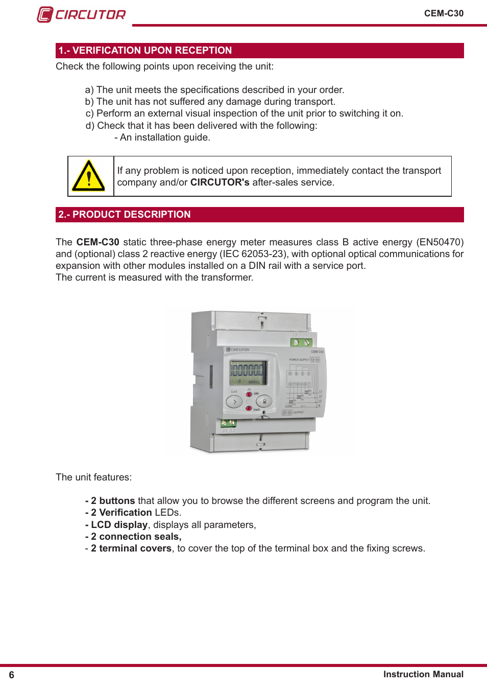 Verification upon reception, Product description | CIRCUTOR CEM-C30 series User Manual | Page 6 / 42