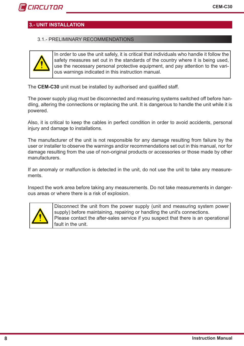 Unit installation, Preliminary recommendations | CIRCUTOR CEM-C30 series User Manual | Page 8 / 42