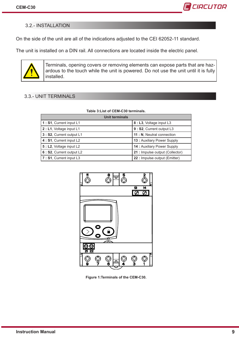 Installation, Unit terminals | CIRCUTOR CEM-C30 series User Manual | Page 9 / 42