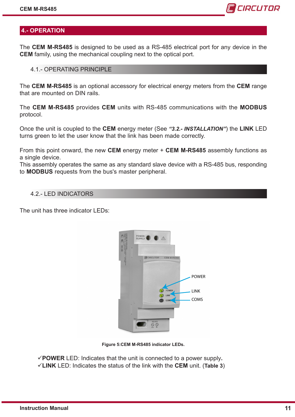 Operation, Operating principle, Led indicators | Operating | CIRCUTOR CEM-M-RS-485 User Manual | Page 11 / 26