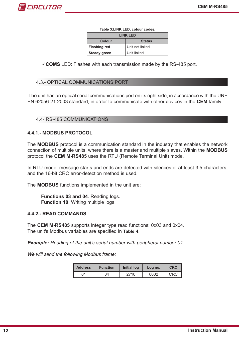 Optical communications port, Rs-485 communications | CIRCUTOR CEM-M-RS-485 User Manual | Page 12 / 26