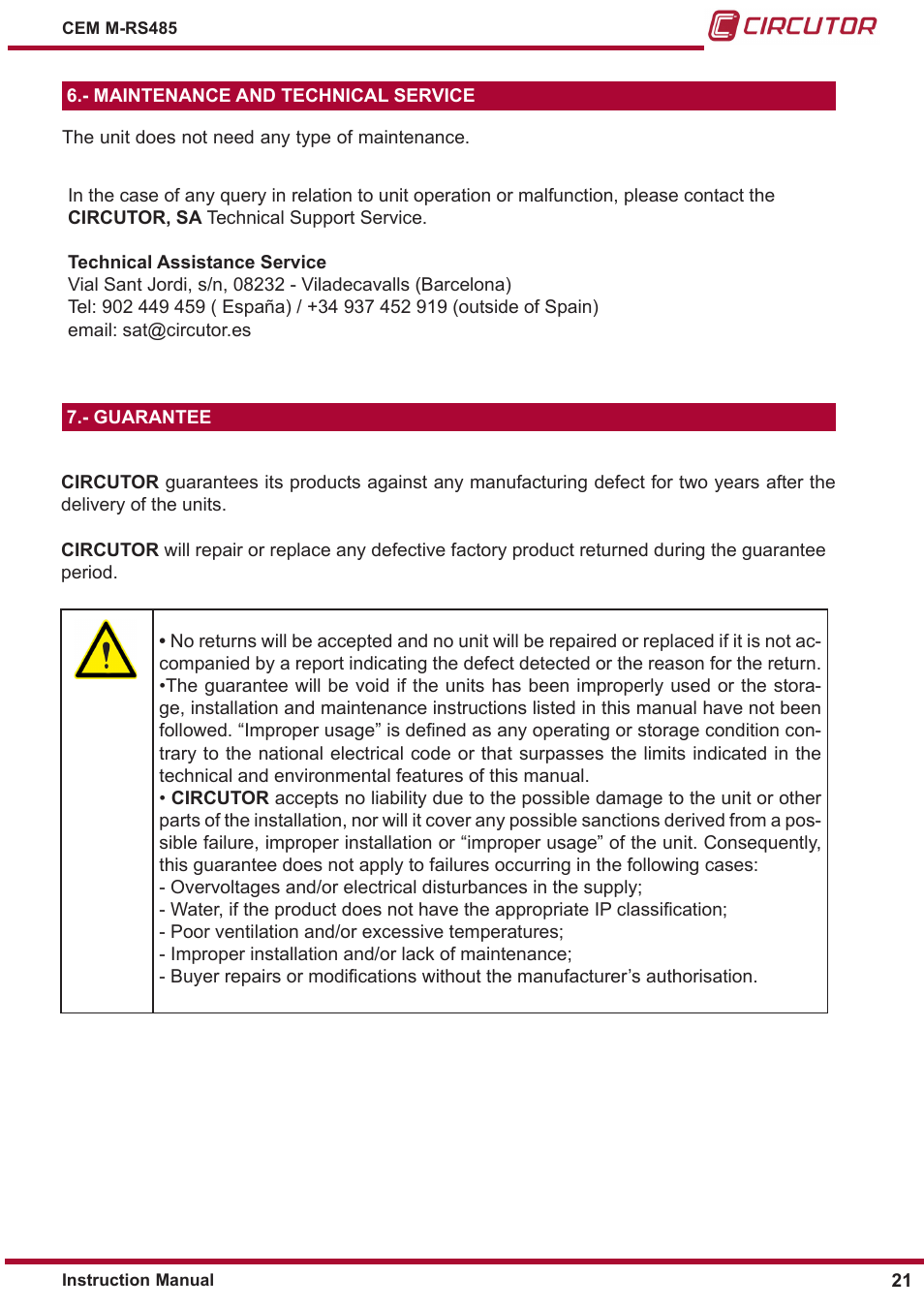 Maintenance and technical service, Guarantee | CIRCUTOR CEM-M-RS-485 User Manual | Page 21 / 26