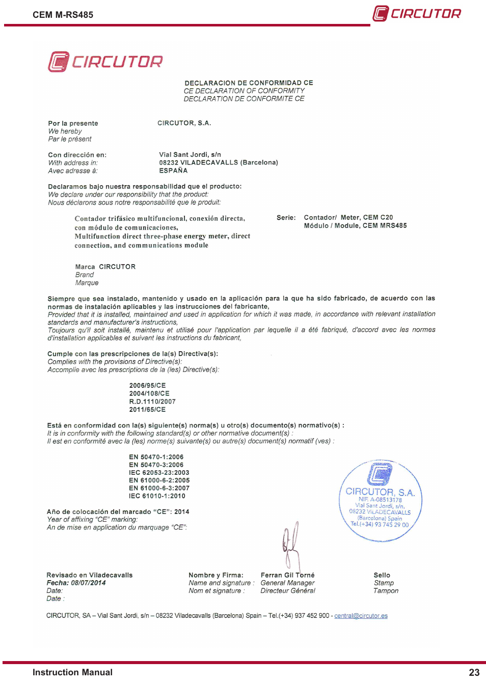 CIRCUTOR CEM-M-RS-485 User Manual | Page 23 / 26