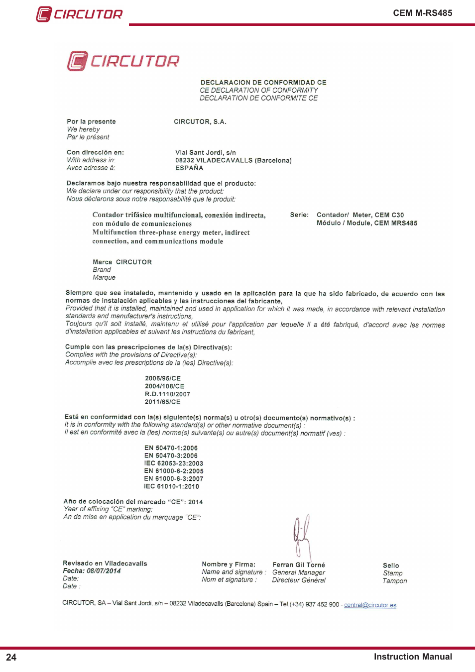 CIRCUTOR CEM-M-RS-485 User Manual | Page 24 / 26