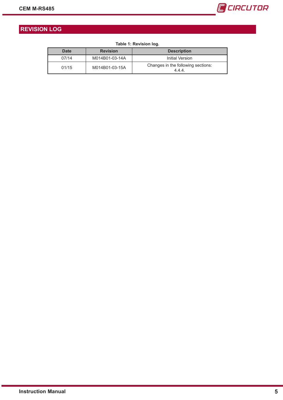 Revision log | CIRCUTOR CEM-M-RS-485 User Manual | Page 5 / 26