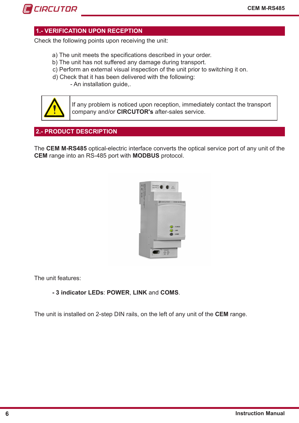 Verification upon reception, Product description | CIRCUTOR CEM-M-RS-485 User Manual | Page 6 / 26