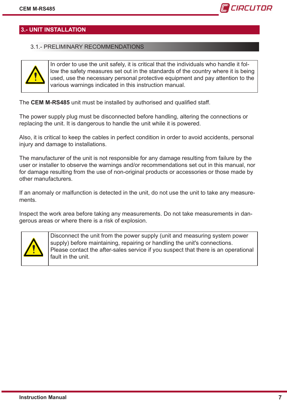 Unit installation, Preliminary recommendations | CIRCUTOR CEM-M-RS-485 User Manual | Page 7 / 26