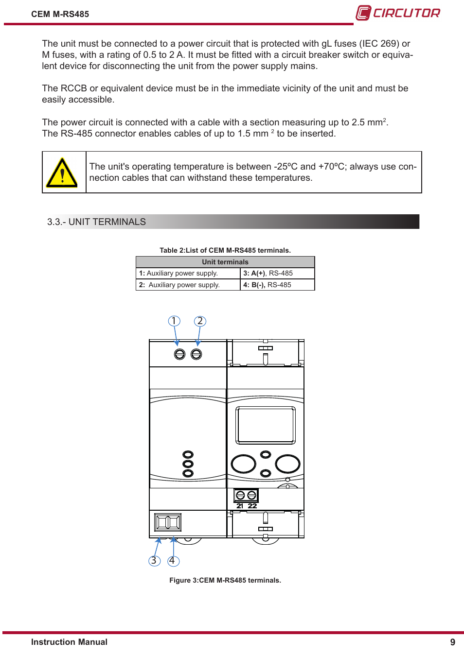 Unit terminals | CIRCUTOR CEM-M-RS-485 User Manual | Page 9 / 26