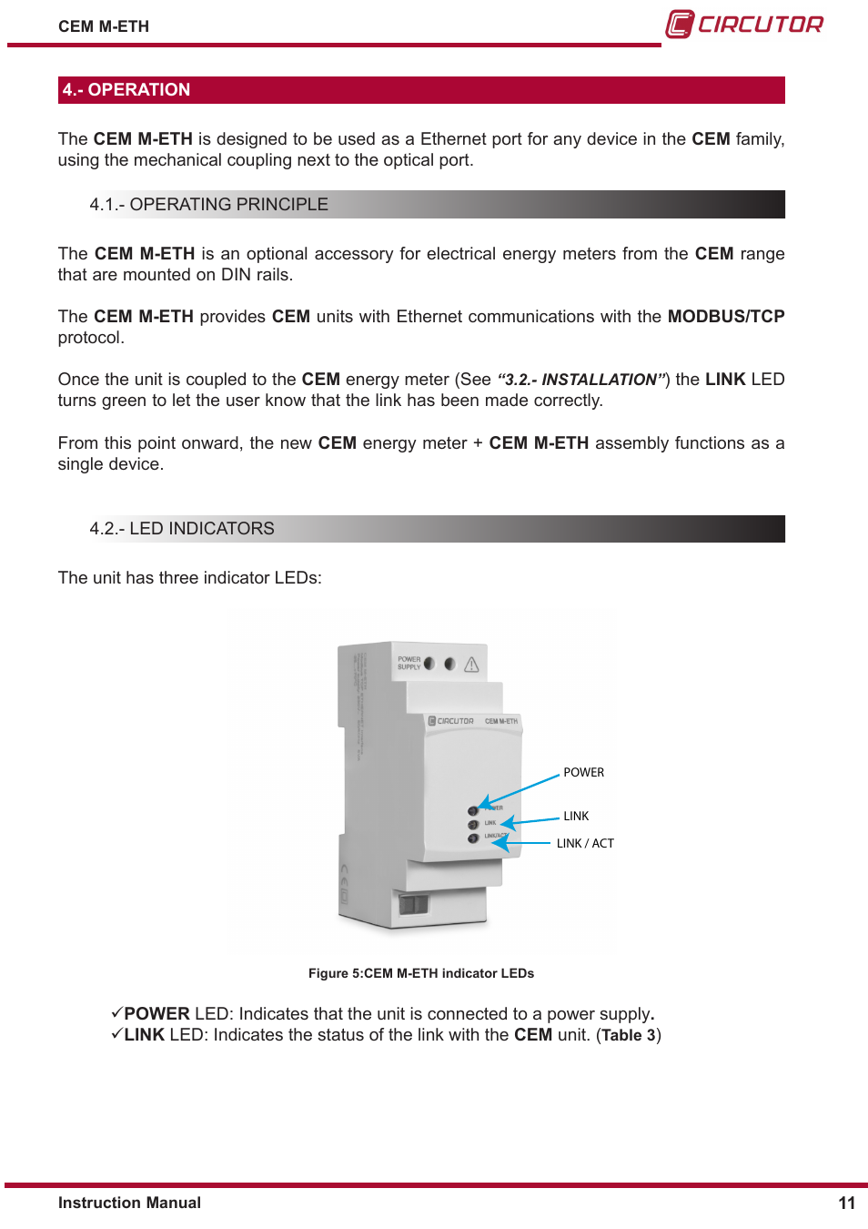 Operation, Operating principle, Led indicators | Operating | CIRCUTOR CEM-M-ETH User Manual | Page 11 / 24