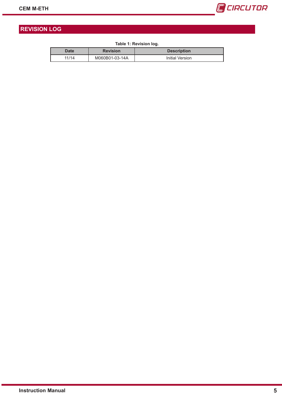 Revision log | CIRCUTOR CEM-M-ETH User Manual | Page 5 / 24