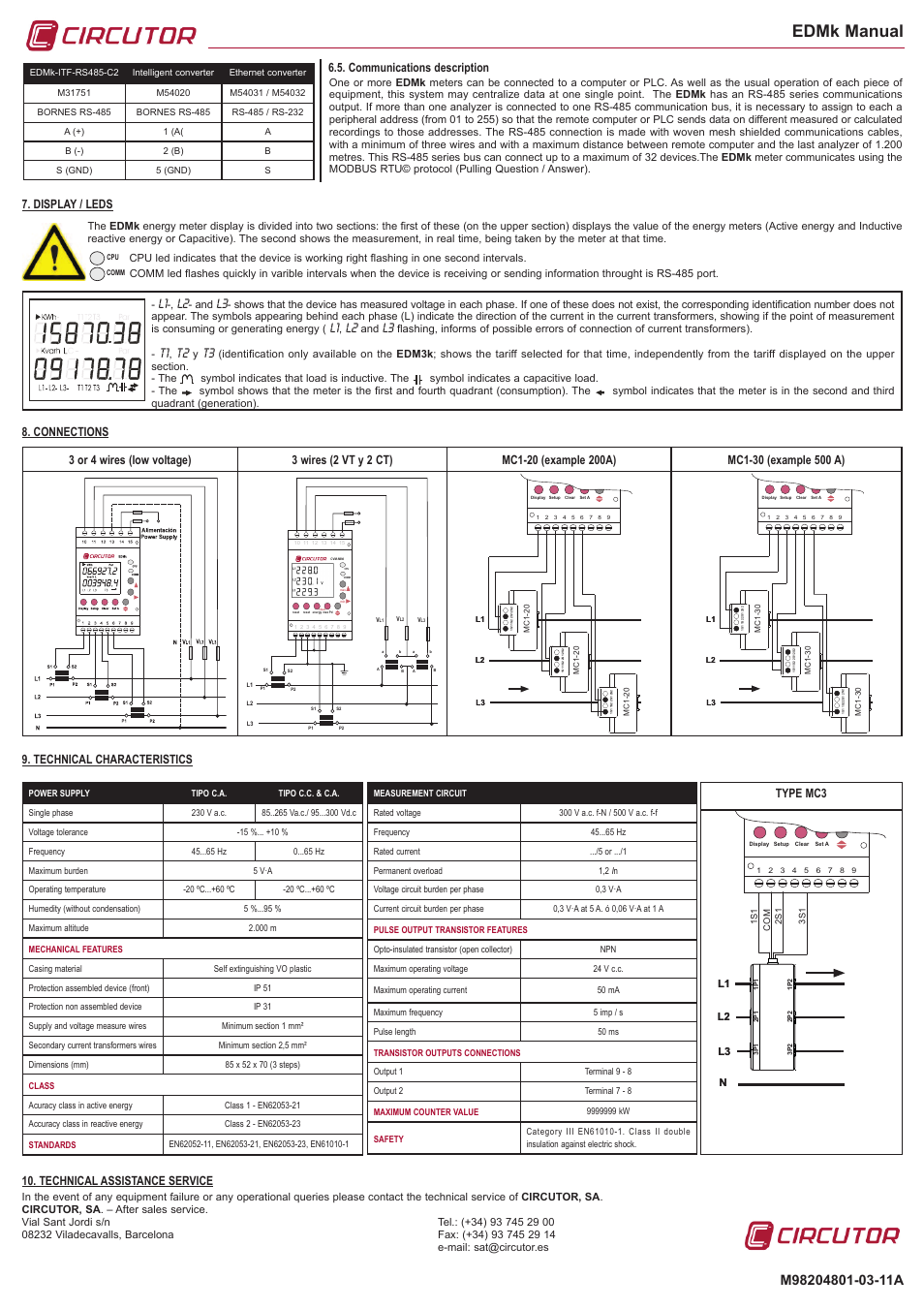Edmk manual, Nd ns, Communications description | Display / leds, Connections 9. technical characteristics, Technical assistance service, Type mc3 | CIRCUTOR EDMk Series User Manual | Page 2 / 2
