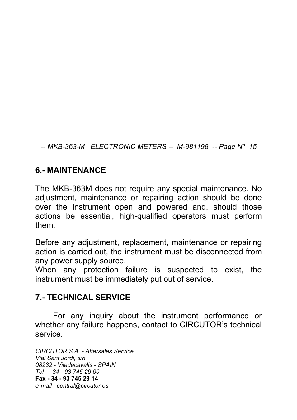 CIRCUTOR MK-363-B Series User Manual | Page 15 / 15
