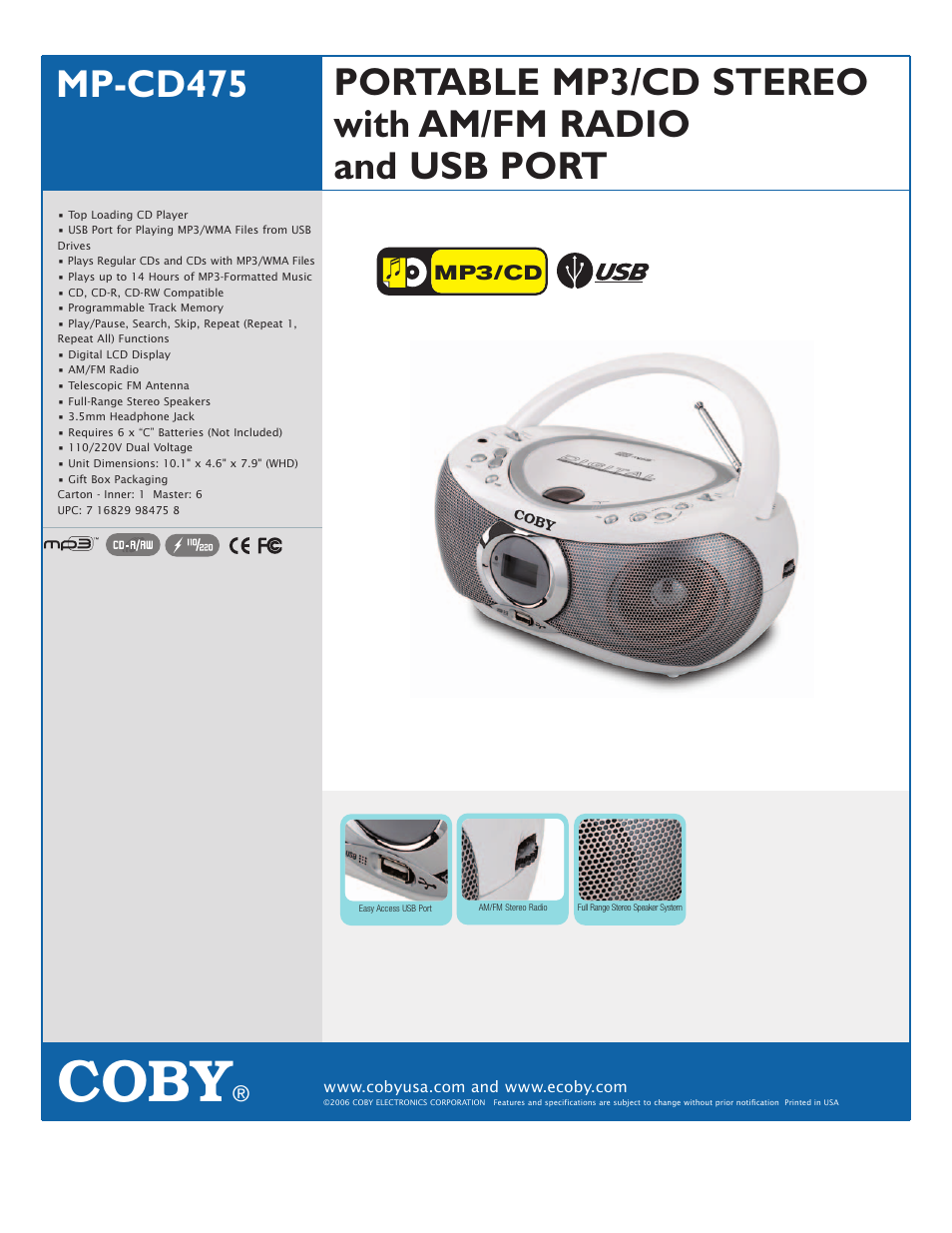 COBY MP-CD475 User Manual | 1 page