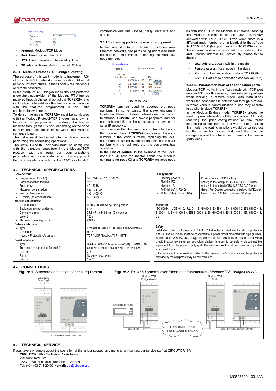 Modbus protocol/tcp bridges (routing), Loading path to the master equipment, Parameterisation of ip connection ports | Technical specifications, Connections, Technical service | CIRCUTOR TCP2RS+ (Available until stocks) User Manual | Page 2 / 2
