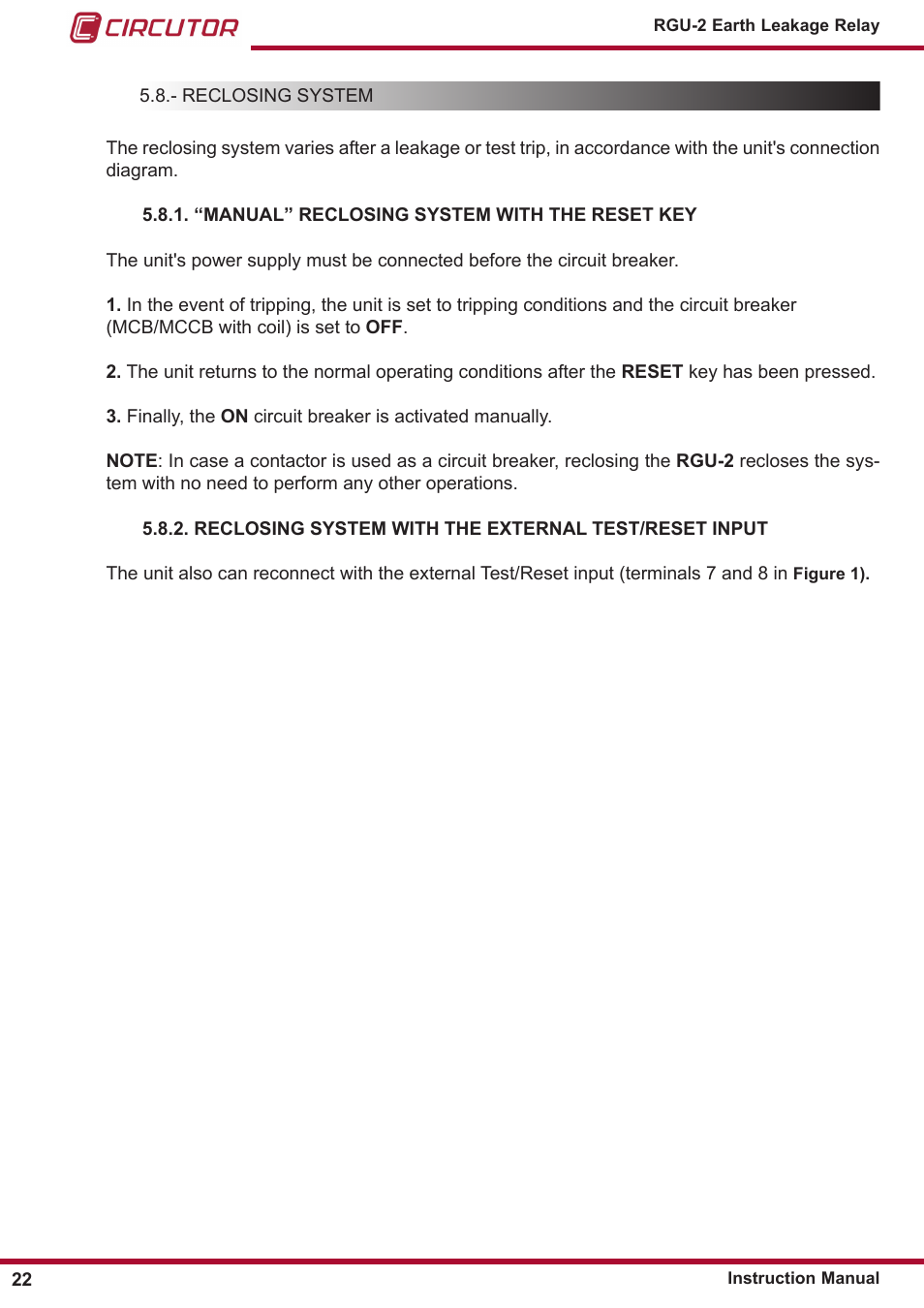 “manual” reclosing system with the reset key | CIRCUTOR RGU2 Series User Manual | Page 22 / 28