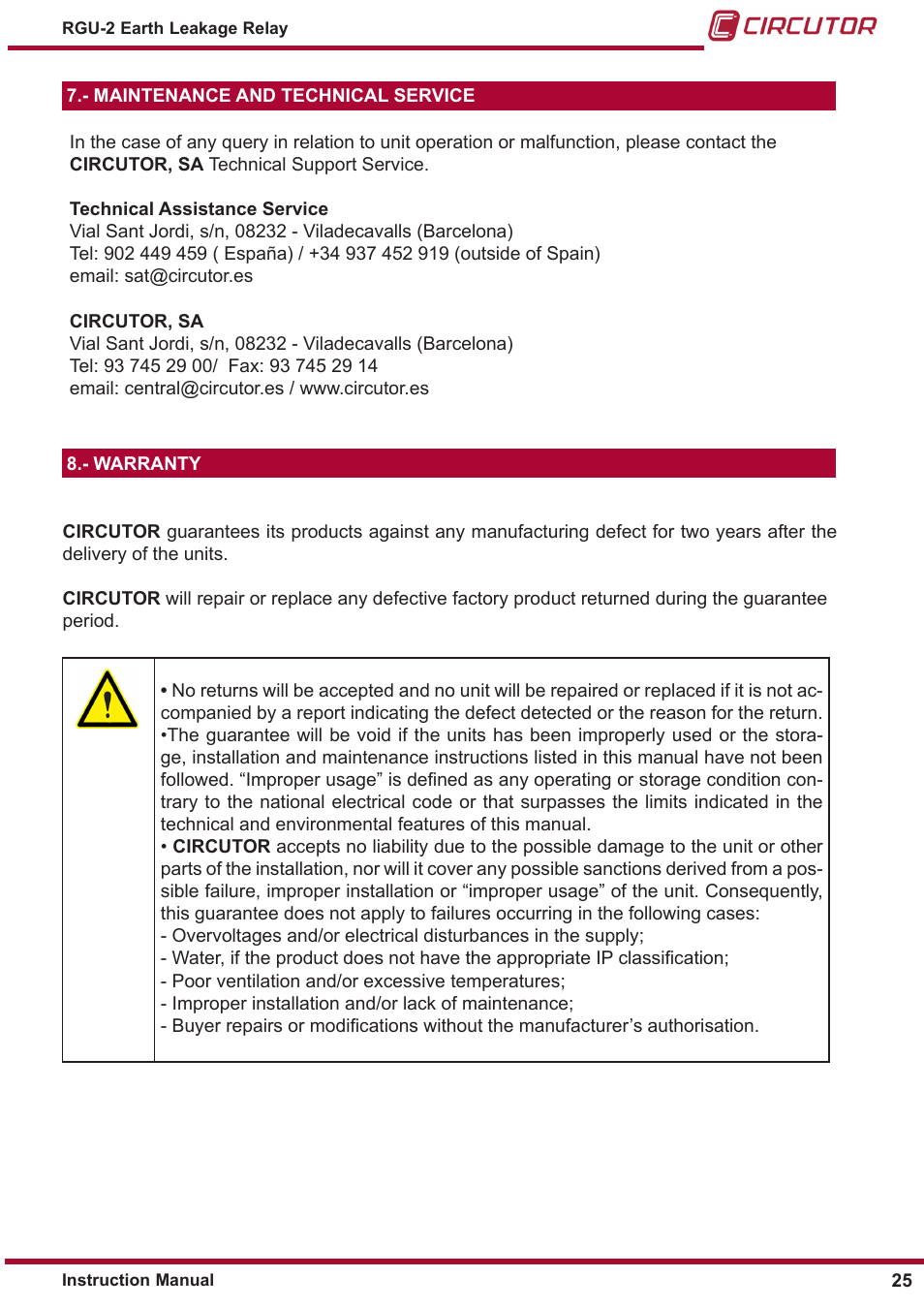 Maintenance and technical service, Warranty | CIRCUTOR RGU2 Series User Manual | Page 25 / 28