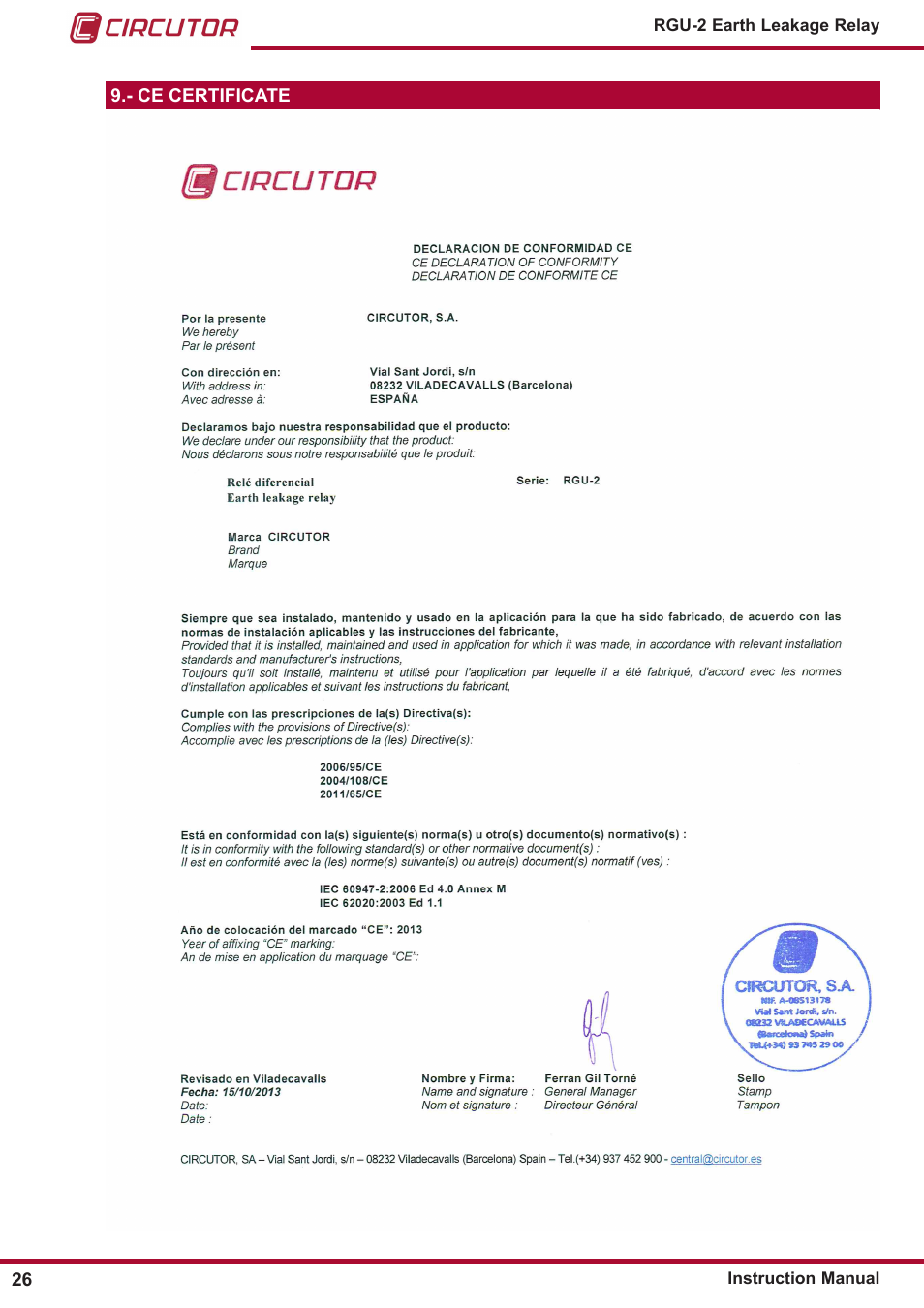 Ce certificate | CIRCUTOR RGU2 Series User Manual | Page 26 / 28