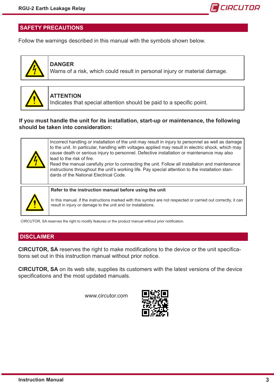 Safety precautions, Disclaimer | CIRCUTOR RGU2 Series User Manual | Page 3 / 28
