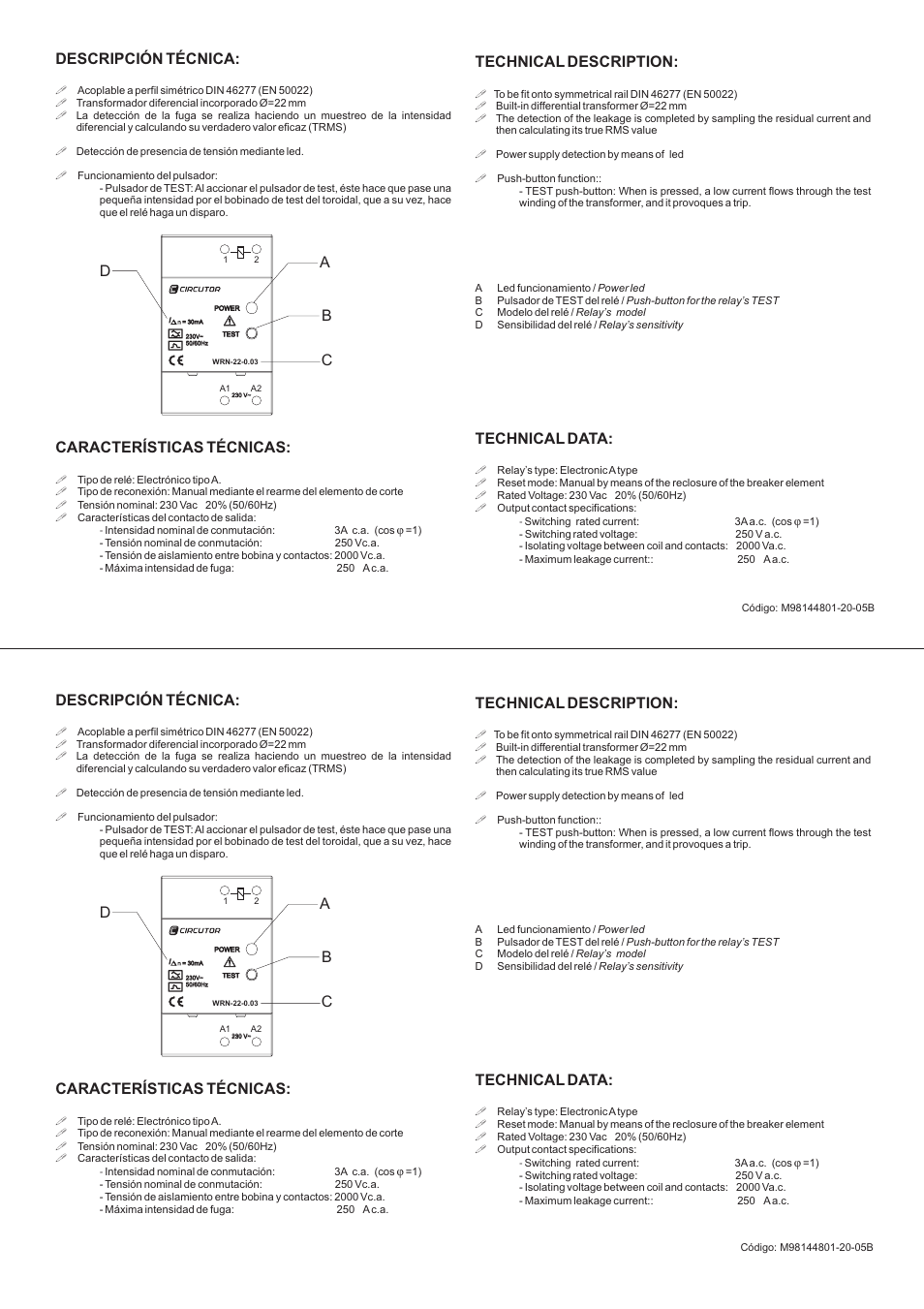 Descripción técnica: características técnicas, Technical description: technical data, Ab c d | CIRCUTOR WRN Series User Manual | Page 2 / 2