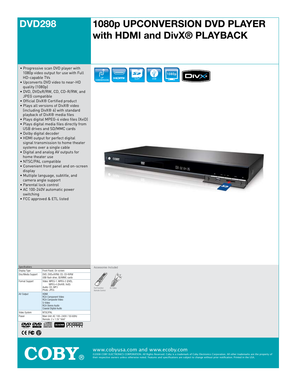 COBY electronic DVD298 User Manual | 1 page