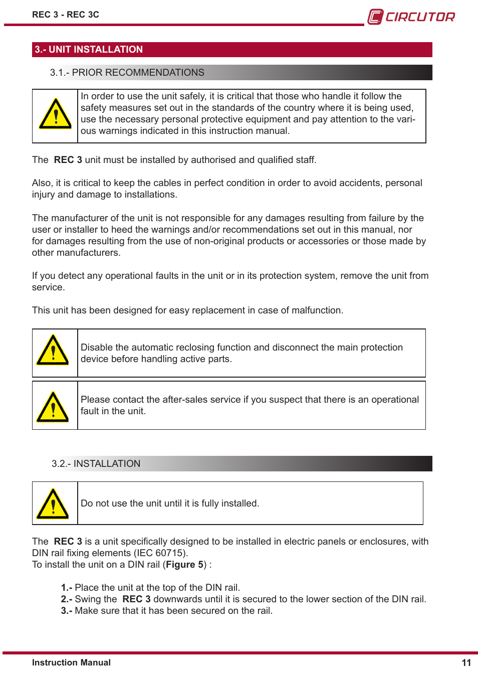 Unit installation, Prior recommendations, Installation | CIRCUTOR REC3 Series User Manual | Page 11 / 26