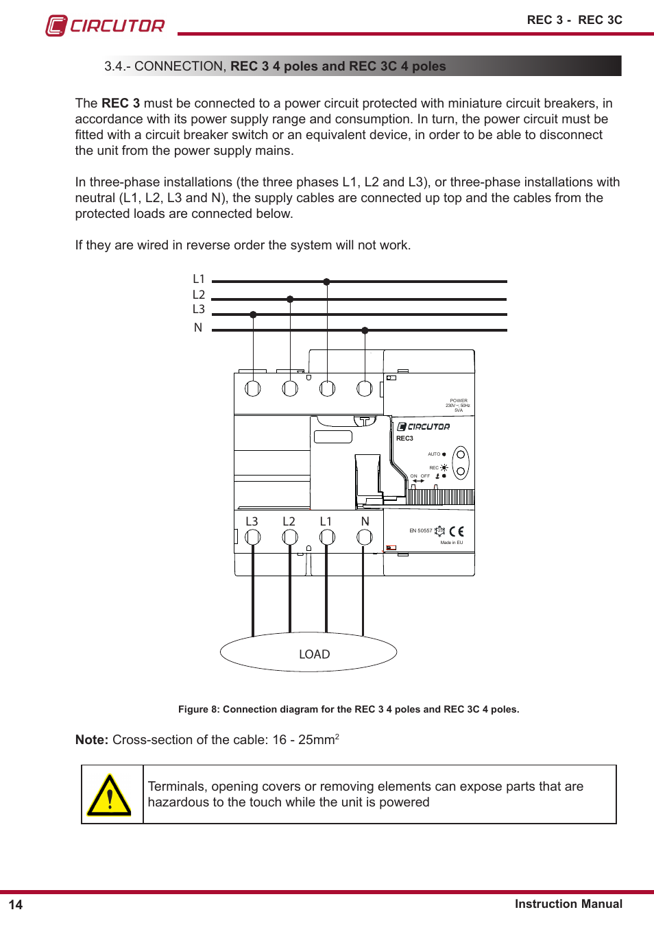 Connection, rec 3 4 poles and rec 3c 4 poles | CIRCUTOR REC3 Series User Manual | Page 14 / 26