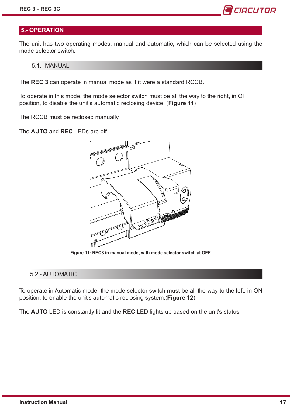 Operation, Manual, Automatic | Mode, see section | CIRCUTOR REC3 Series User Manual | Page 17 / 26
