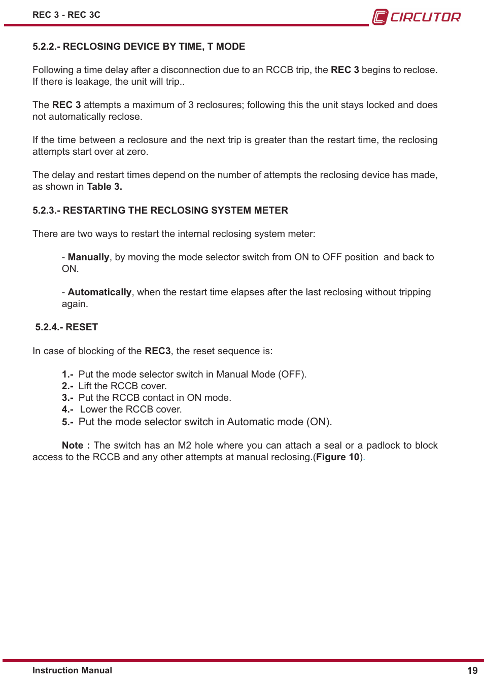 Reclosing device by time, t mode, Restarting the reclosing system meter, Reset | CIRCUTOR REC3 Series User Manual | Page 19 / 26