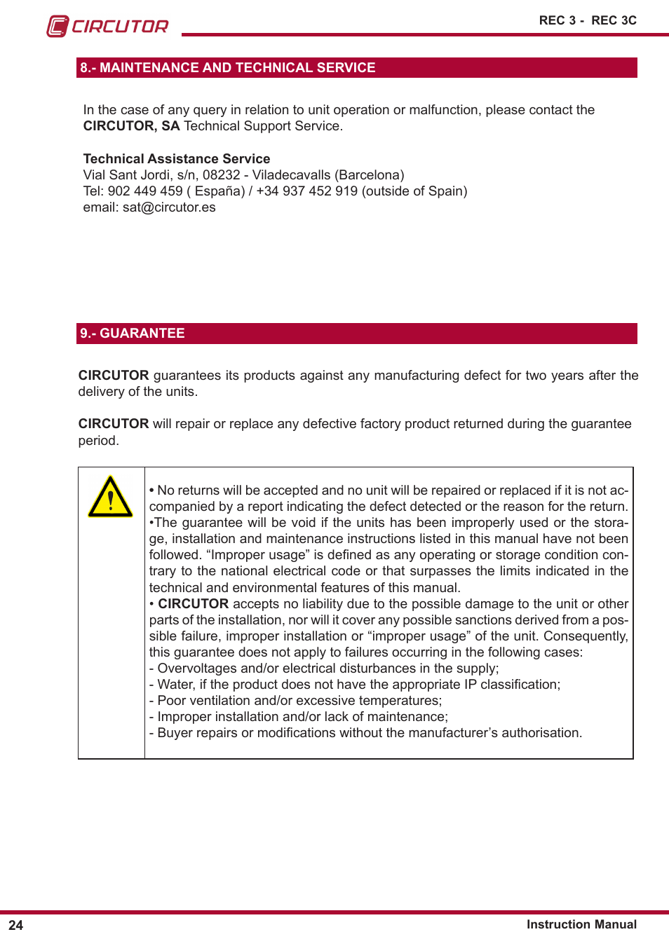 Maintenance and technical service, Guarantee | CIRCUTOR REC3 Series User Manual | Page 24 / 26