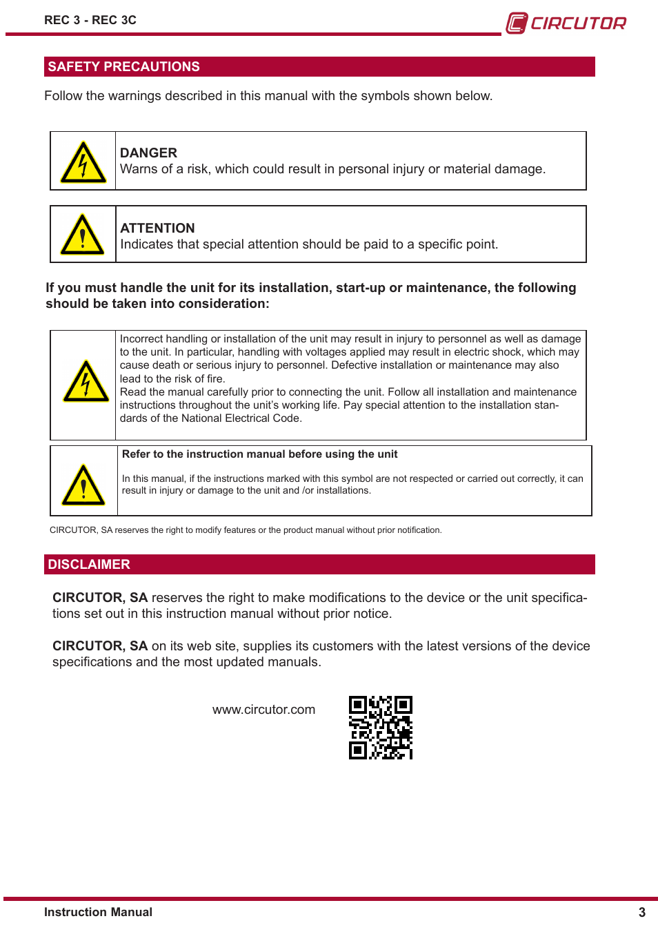 Safety precautions, Disclaimer | CIRCUTOR REC3 Series User Manual | Page 3 / 26