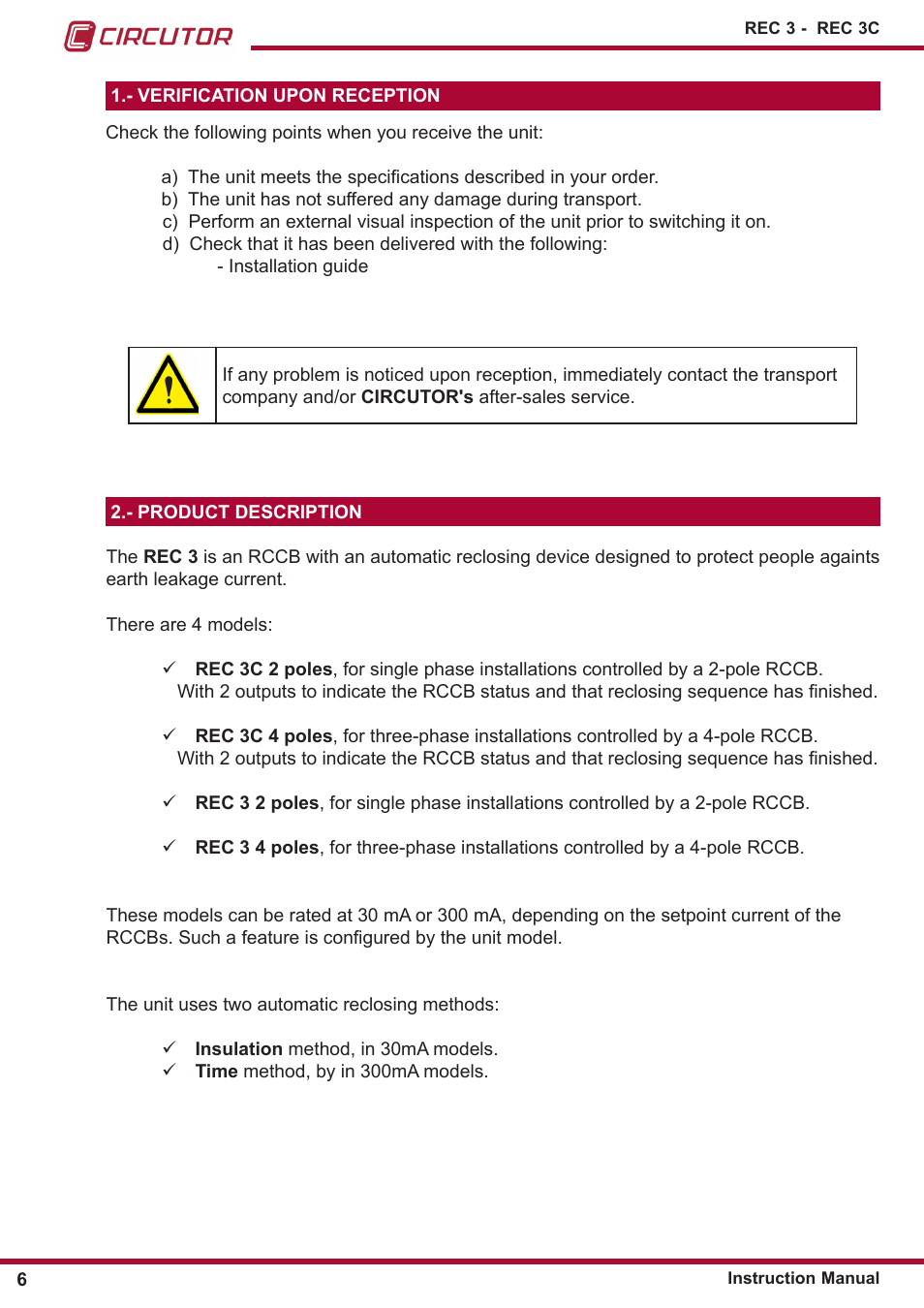 Verification upon reception, Product description | CIRCUTOR REC3 Series User Manual | Page 6 / 26