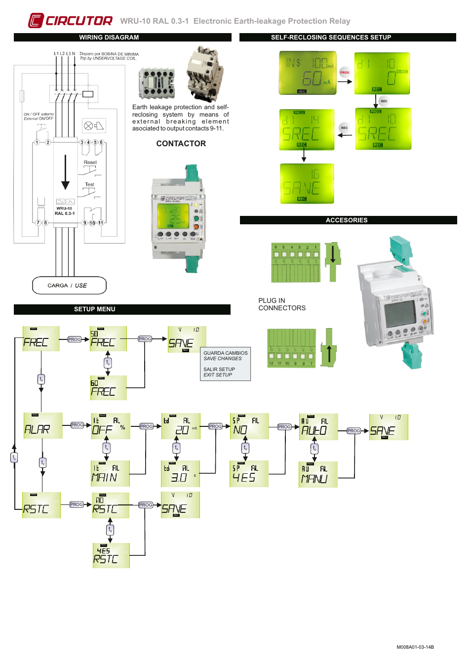 Contactor, Plug in connectors, Wiring disagram setup menu | Accesories self-reclosing sequences setup | CIRCUTOR WRU-RAL Series User Manual | Page 2 / 2