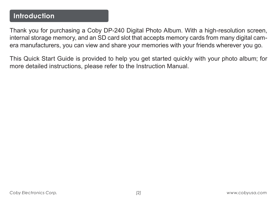 Introduction | COBY electronic DP-240 User Manual | Page 2 / 8