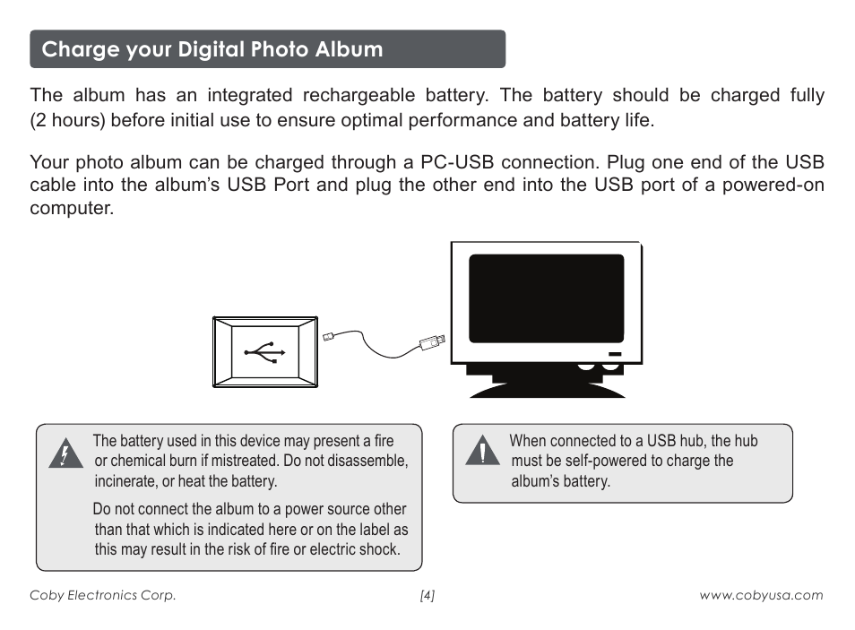 Charge your digital photo album | COBY electronic DP-240 User Manual | Page 4 / 8