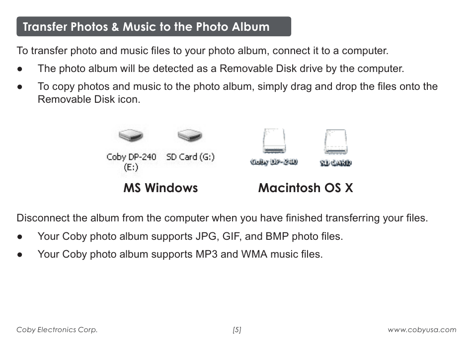 Ms windows macintosh os x | COBY electronic DP-240 User Manual | Page 5 / 8