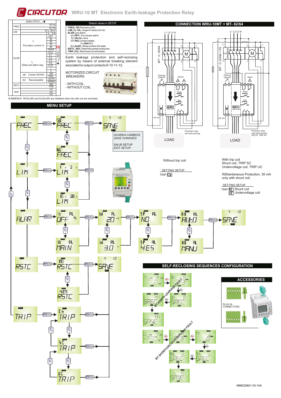 Dimensiones, Menu setup, Self-reclosing sequences configuration | Accessories, Load, Shunt coil undervoltage coil | CIRCUTOR WRU-10-MT User Manual | Page 2 / 2