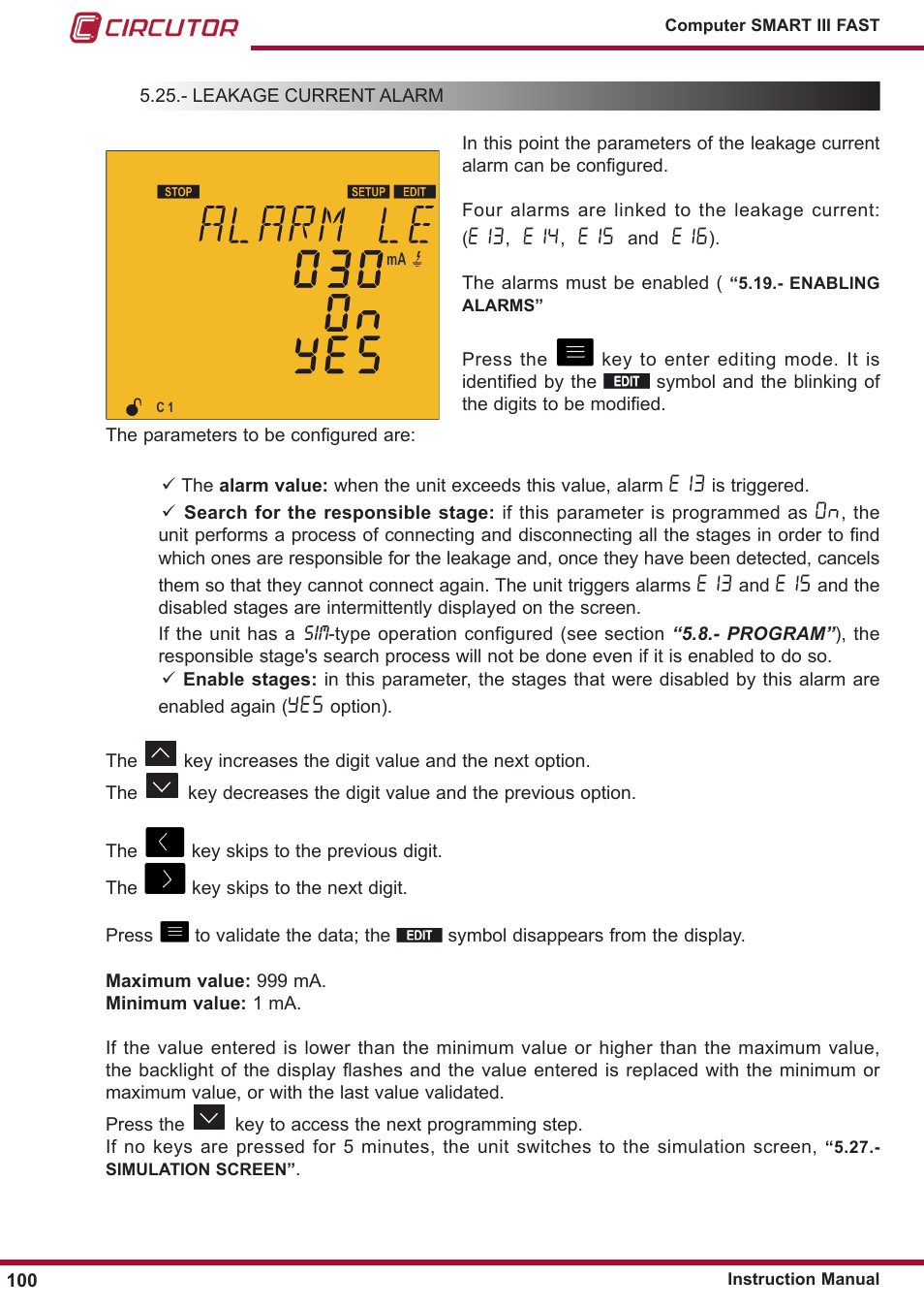 Leakage current alarm | CIRCUTOR computer SMART III-Fast Series User Manual | Page 100 / 108
