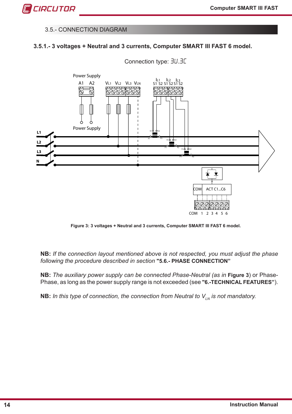 Phase connection, Connection diagram, 3u �3c | Is not mandatory. 14 | CIRCUTOR computer SMART III-Fast Series User Manual | Page 14 / 108