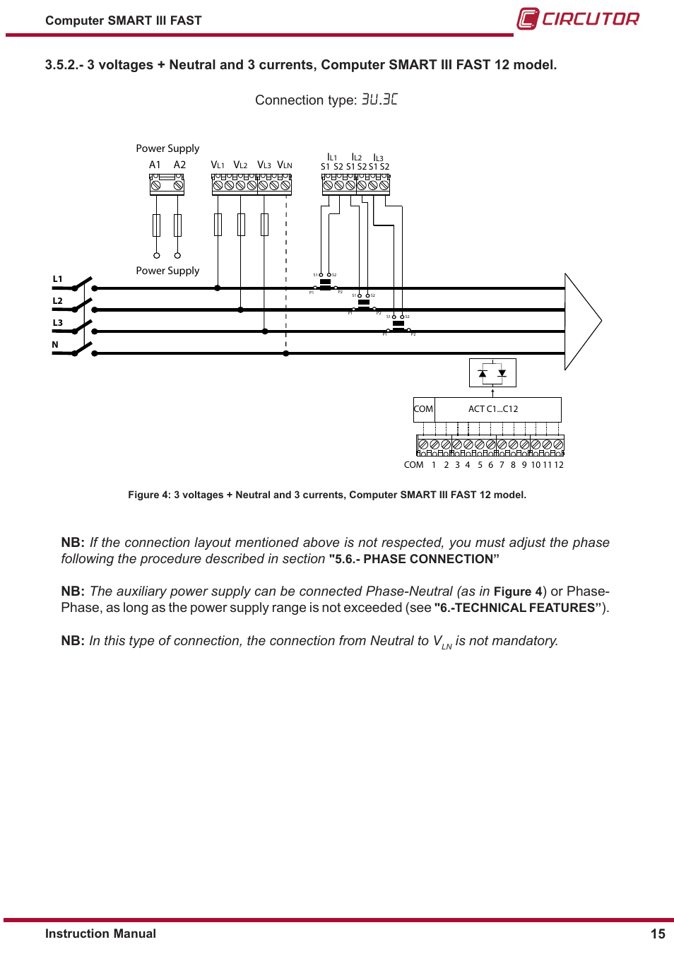 3u �3c, Is not mandatory. 15, 5�6�- phase connection | Figure 4, 6�-technical features, Instruction manual computer smart iii fast | CIRCUTOR computer SMART III-Fast Series User Manual | Page 15 / 108