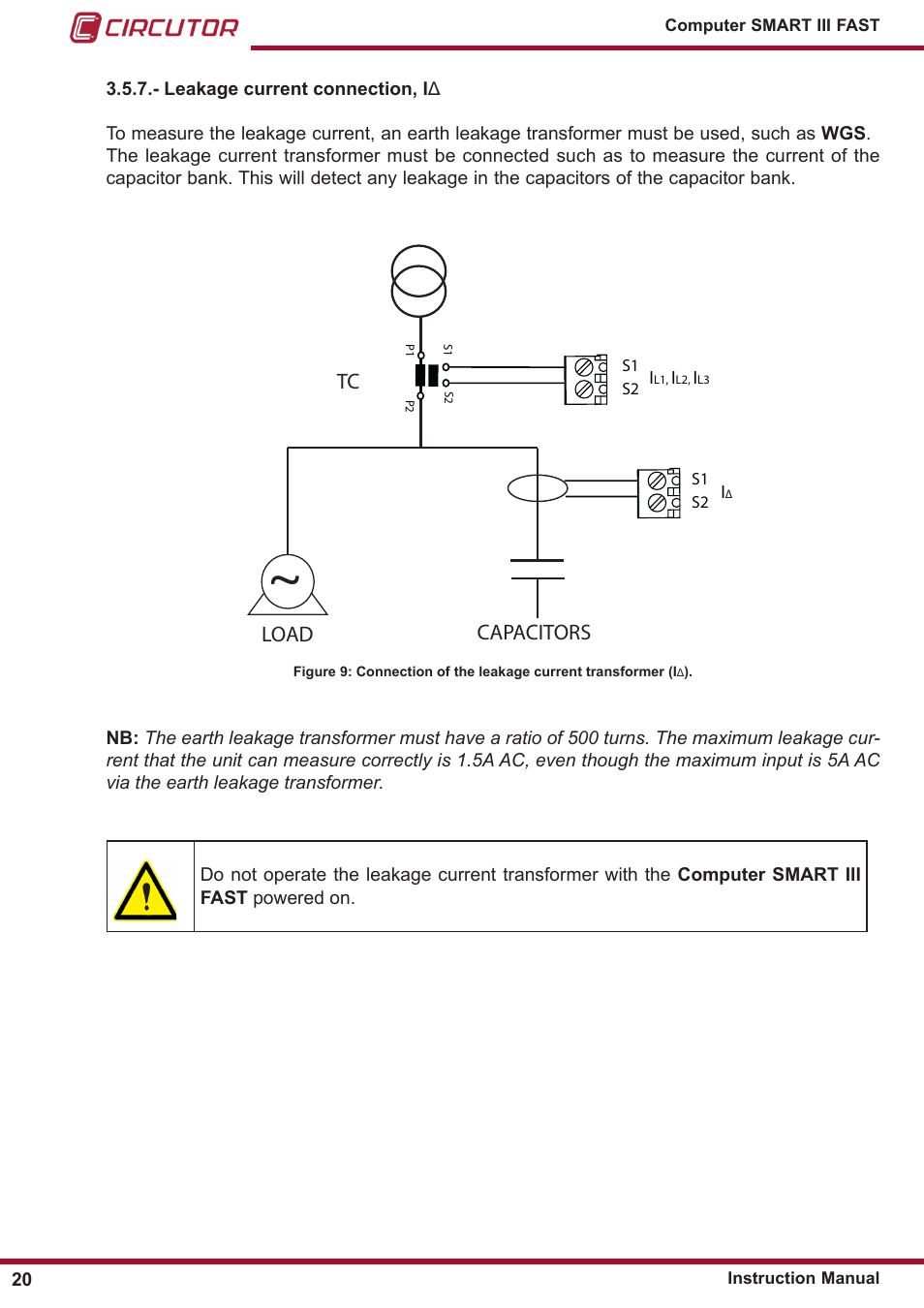 Leakage current connection, iδ, Tc load capacitors | CIRCUTOR computer SMART III-Fast Series User Manual | Page 20 / 108