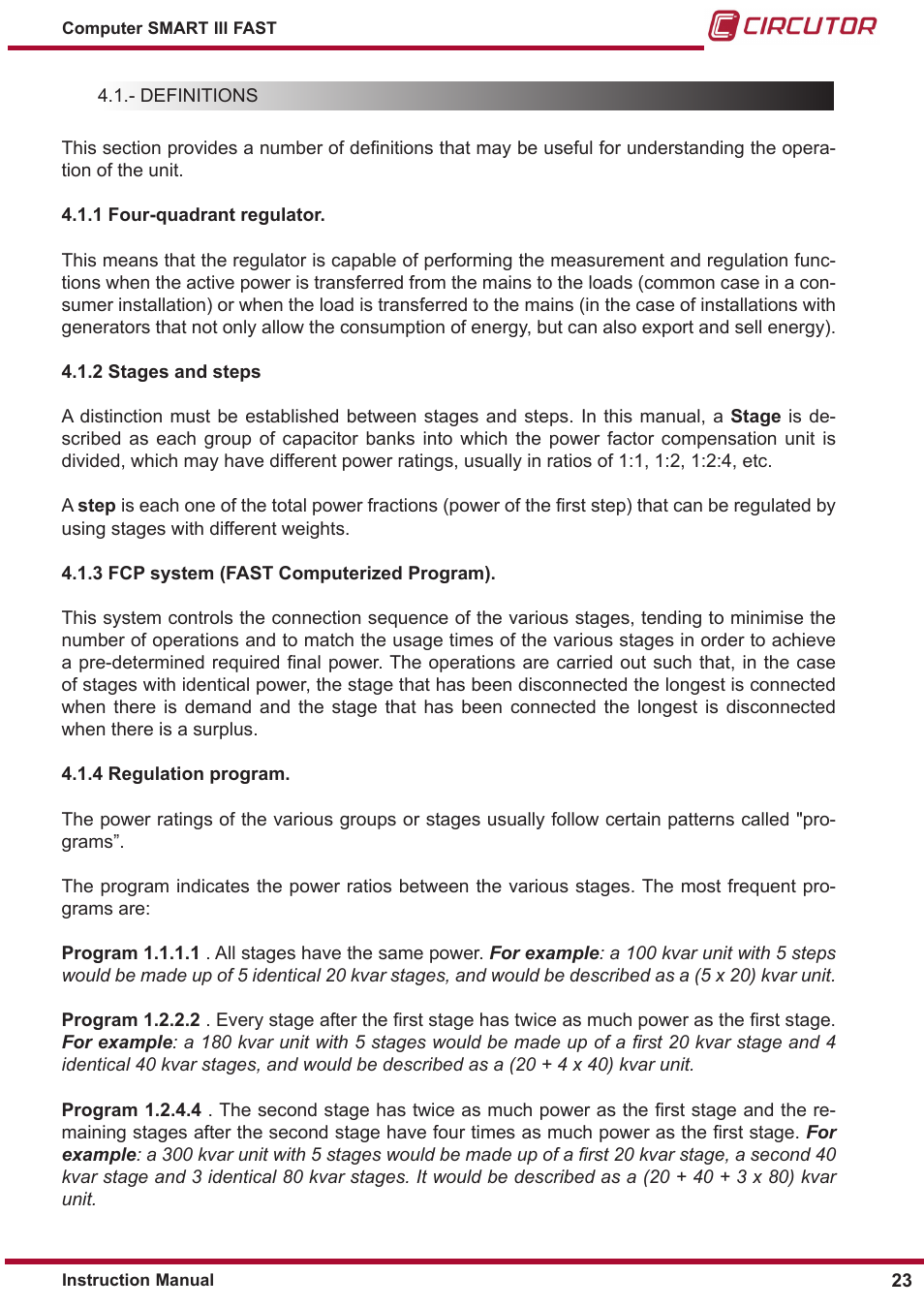 1 four-quadrant regulator, 2 stages and steps, 3 fcp system (fast computerized program) | 4 regulation program | CIRCUTOR computer SMART III-Fast Series User Manual | Page 23 / 108