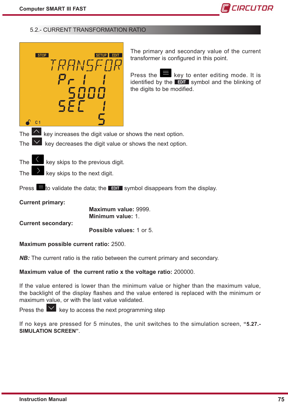 Current transformation ratio | CIRCUTOR computer SMART III-Fast Series User Manual | Page 75 / 108