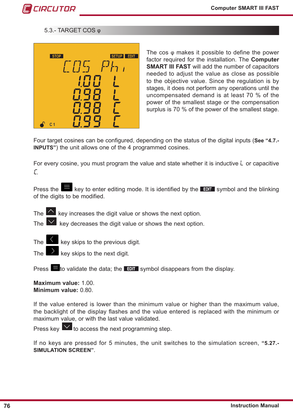 Target cos φ, 5�3�- target cos | CIRCUTOR computer SMART III-Fast Series User Manual | Page 76 / 108