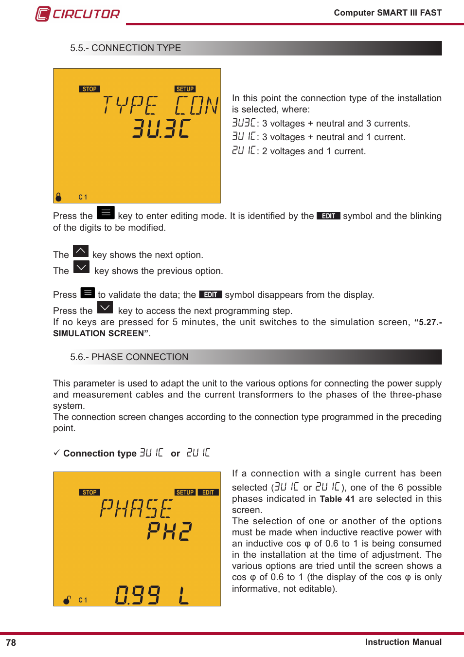 Connection type, Phase connection, 5�6�- phase connection | 3u3c, 3u1c, 2u1c | CIRCUTOR computer SMART III-Fast Series User Manual | Page 78 / 108