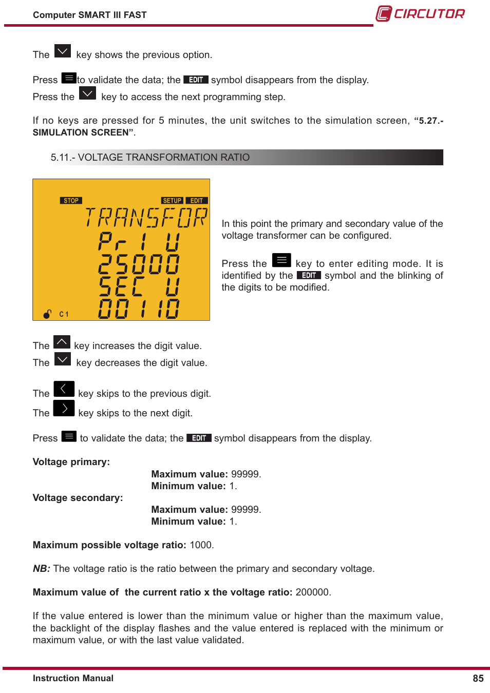 Voltage transformation ratio | CIRCUTOR computer SMART III-Fast Series User Manual | Page 85 / 108