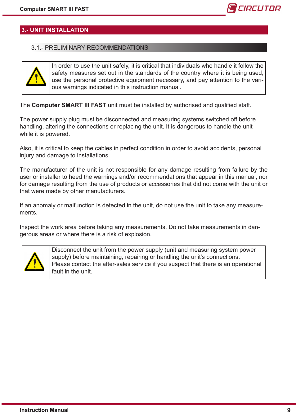 Unit installation, Preliminary recommendations | CIRCUTOR computer SMART III-Fast Series User Manual | Page 9 / 108