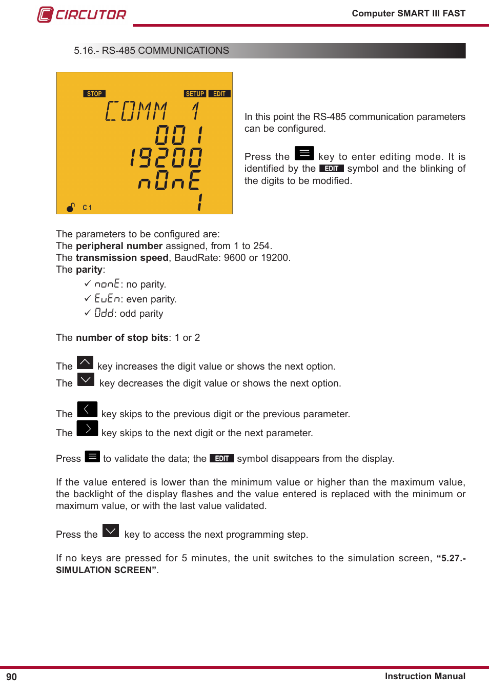 Rs-485 communications, None, Even | CIRCUTOR computer SMART III-Fast Series User Manual | Page 90 / 108