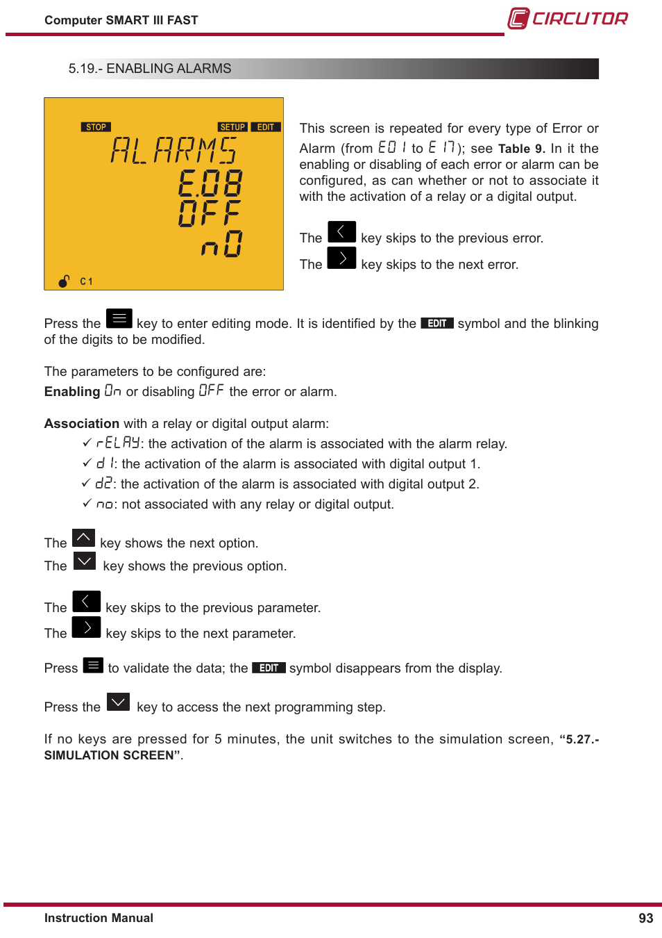 Enabling alarms, Relay | CIRCUTOR computer SMART III-Fast Series User Manual | Page 93 / 108