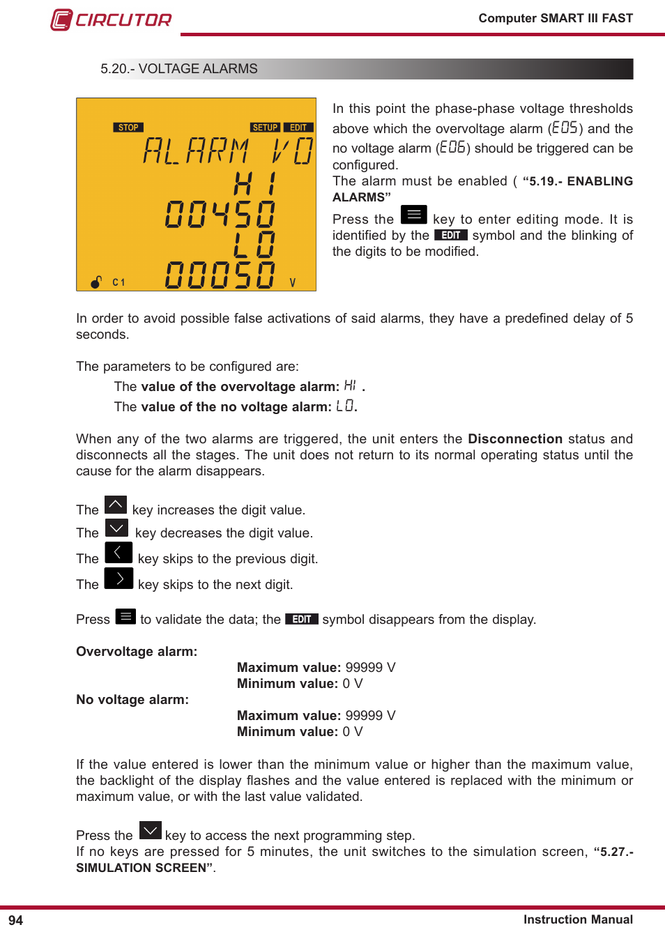 Voltage alarms | CIRCUTOR computer SMART III-Fast Series User Manual | Page 94 / 108