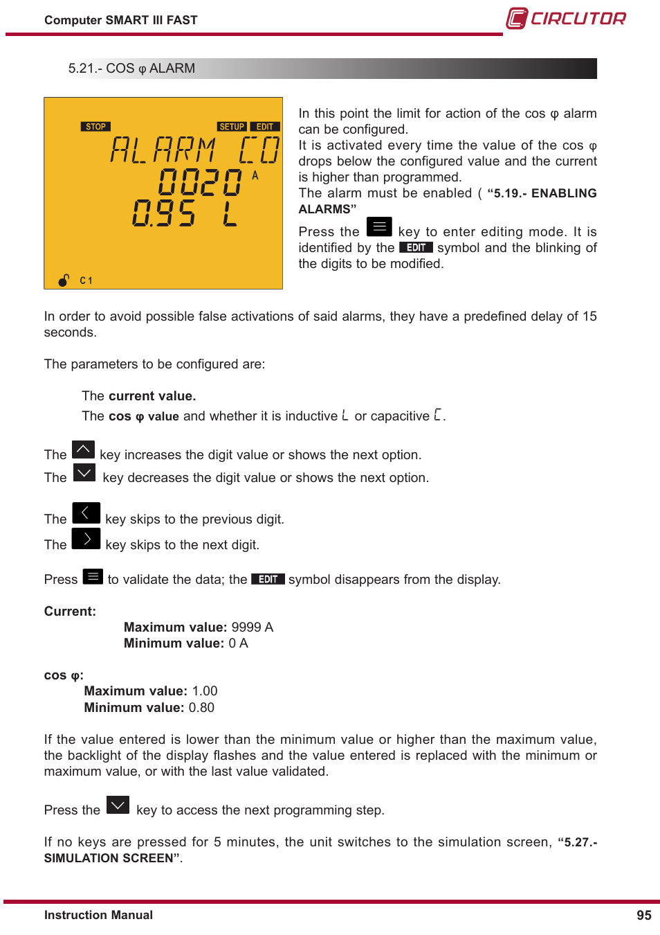 Cos φ alarm, 5�21�- cos | CIRCUTOR computer SMART III-Fast Series User Manual | Page 95 / 108